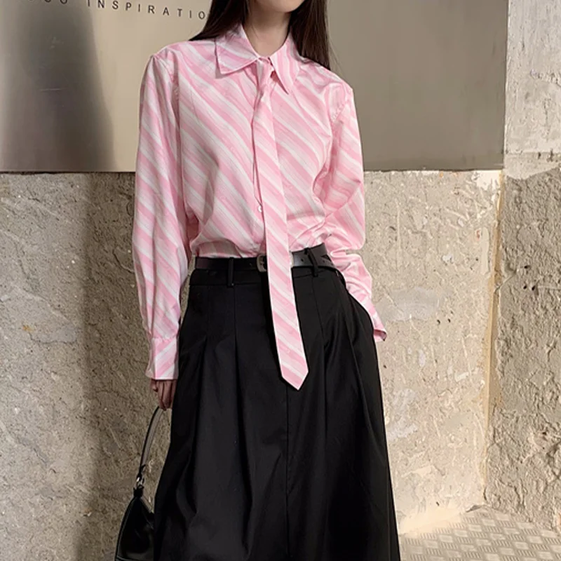 Women's Pink Striped Tie Shirt Y2K Collar Long Sleeve Korean Edition Harajuku High Street Office College Retro Top Shirt Clothes