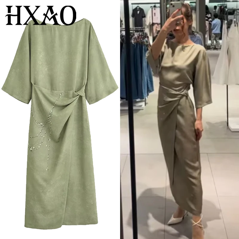 HXAO 2025 Damenkleid, grünes Kettendruckkleid, Sommer, elegant, lässig, Urlaub, Strandkleider, gerüscht, kurze Ärmel, Schlitz, Vestidos