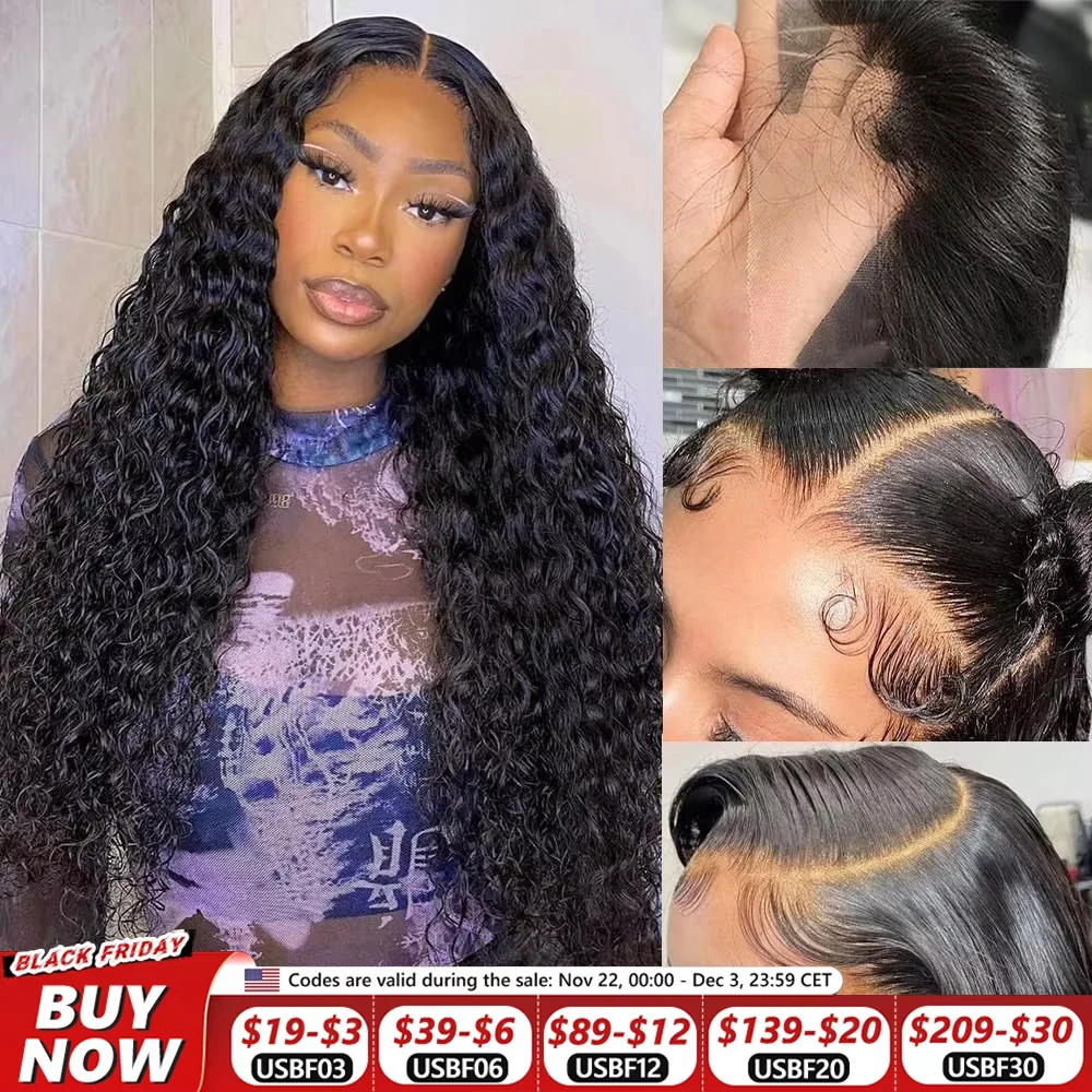 220 Density HD 13X6 Transparent Deep Water Wave Curly Human Hair Lace Frontal Wig 30 34 Inch 13X4 Lace Front Human Hair Wigs