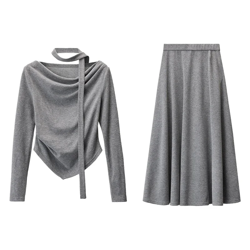 SENTUBILA Women Knitted Skirt Set 2024 Autumn Vacation Outfits Grey Knit Tops Elastic Waist Long Skirts 2 Piece Sets 143Z57031