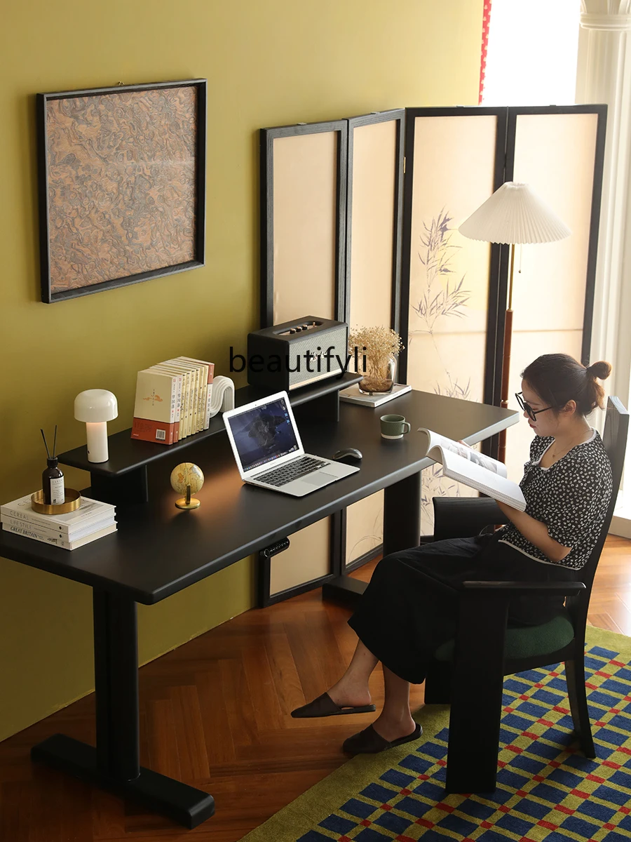 Solid Wood Lifting Desk Cherrywood Matte Black Retro Smart Study Table Workbench Computer Desk