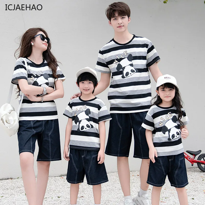 

2024 Одинаковая семейная одежда для мамы, папы, дочки, сына, новая хлопковая модная полосатая футболка, шорты, модный летний комплект из двух предметов, повседневный
