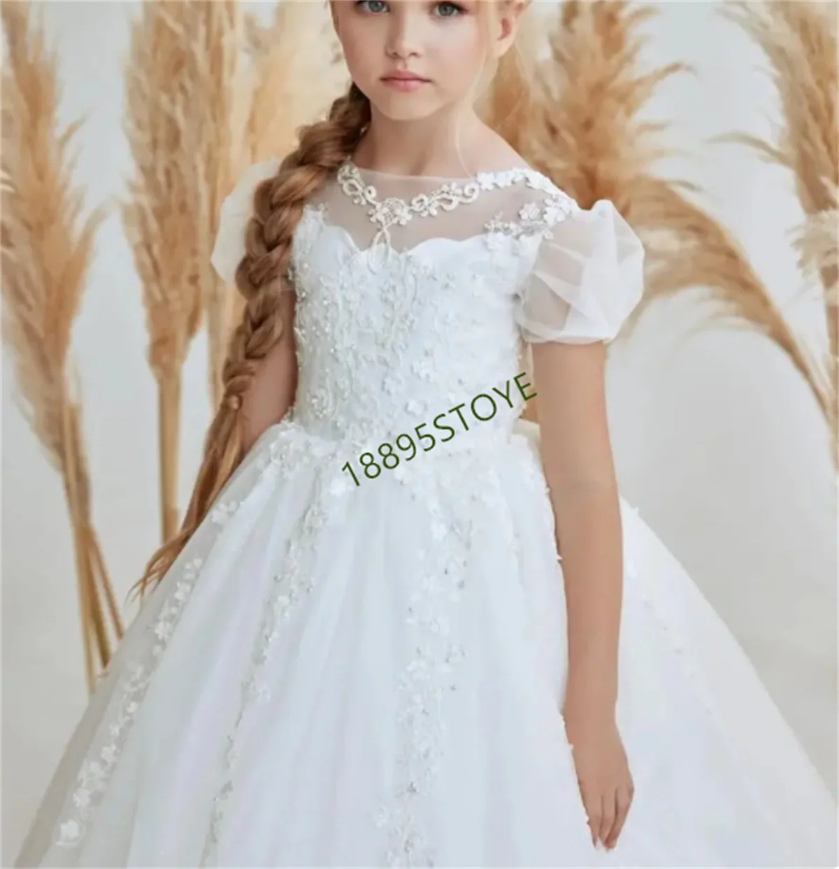 Abiti classici da ragazza di fiori bianchi manica corta elegante abito da ballo in raso da principessa per bambini festa di compleanno vestito da prima comunione