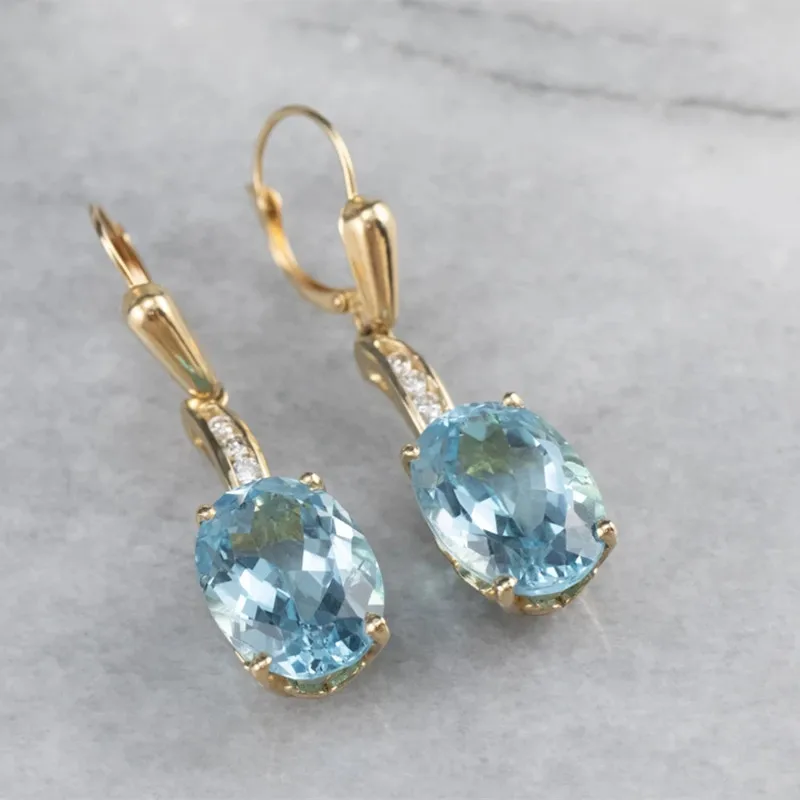 

Trendy Gold color Long Inlay Sea Blue Zircon Drop Earrings Delicate Women's Engagement Wedding Earrings