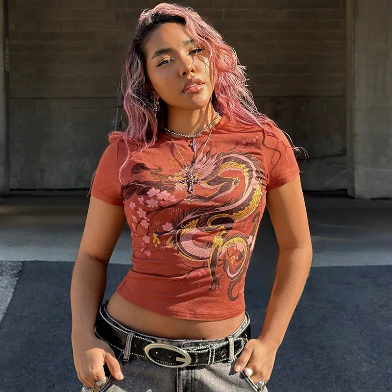 

New Women'S Sexy Dragon Pattern Printed Round Neck Exposed Navel Short Sleeved T-Shirt Top