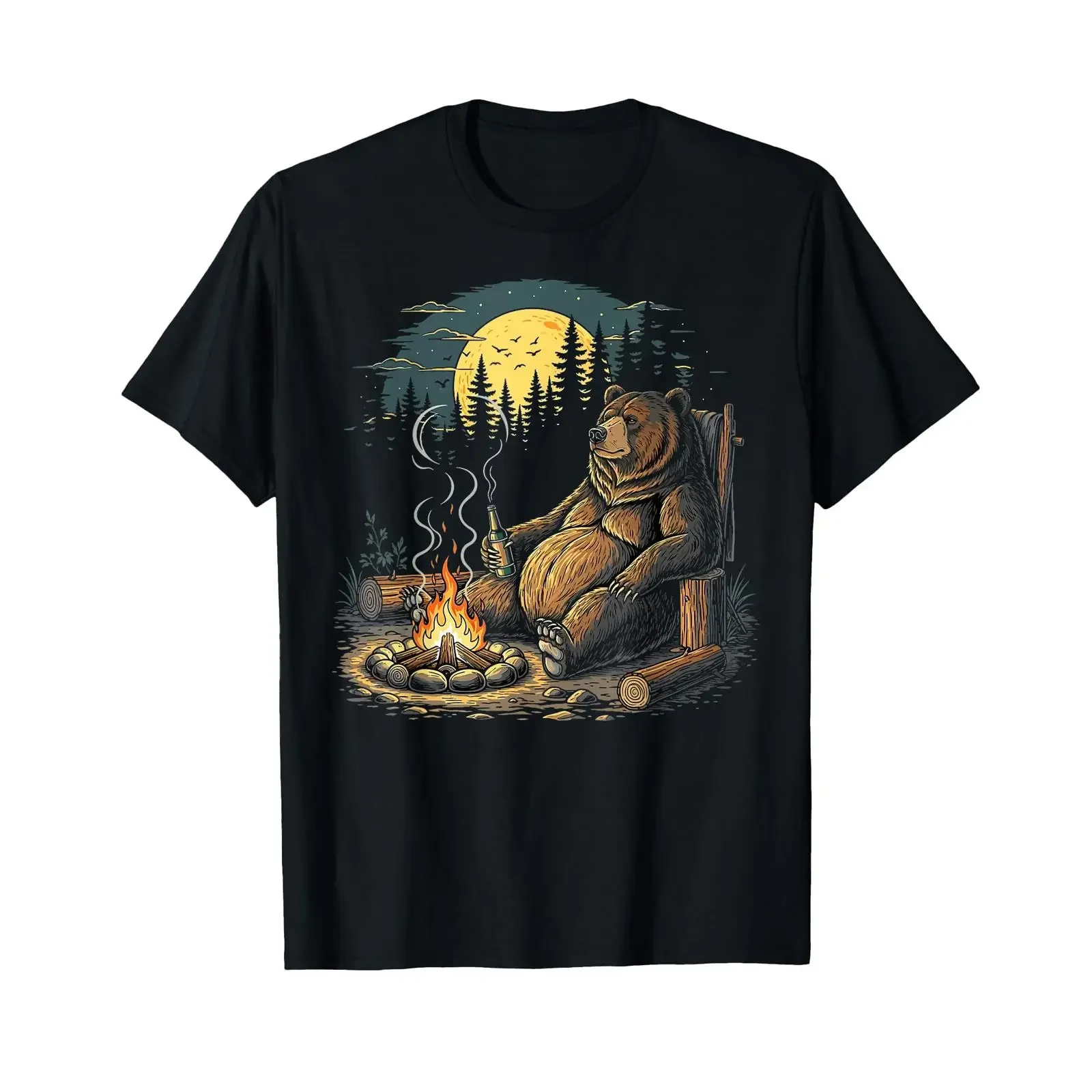 Camping Bear Hiking Outdoor Grizzly Wildlife Campfire T Shirt vintage Washed graphic Comfortable Top For Everyday Wear fashion