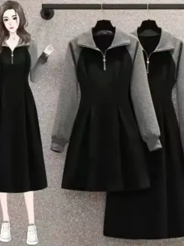 폴로 칼라 원피스 패치워크 스타일리시한 디자인 감각 작은 시장 긴 소매 아담한 스타일 가을 겨울 큰 사이즈 여성용 신상품 원피스 드레스 원피스