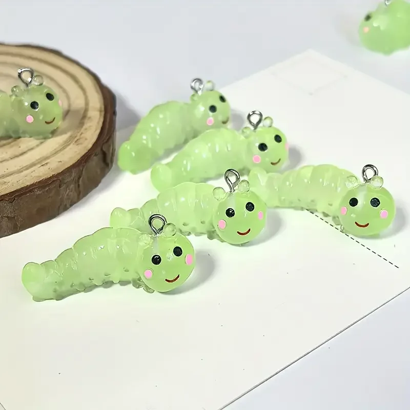 8pcs Glow-in-the-Dark Caterpillar Resin Charms Pendants with Hook for Jewelry Making, Earrings, Keychain DIY Crafting Supplies