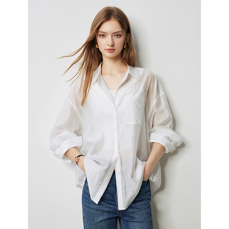 TOYOUTH Women Blouse Shirt 2024 Autumn New Lyocell Ice Silk Pocket Turn Down Collar Long Sleeve Fashion Tops