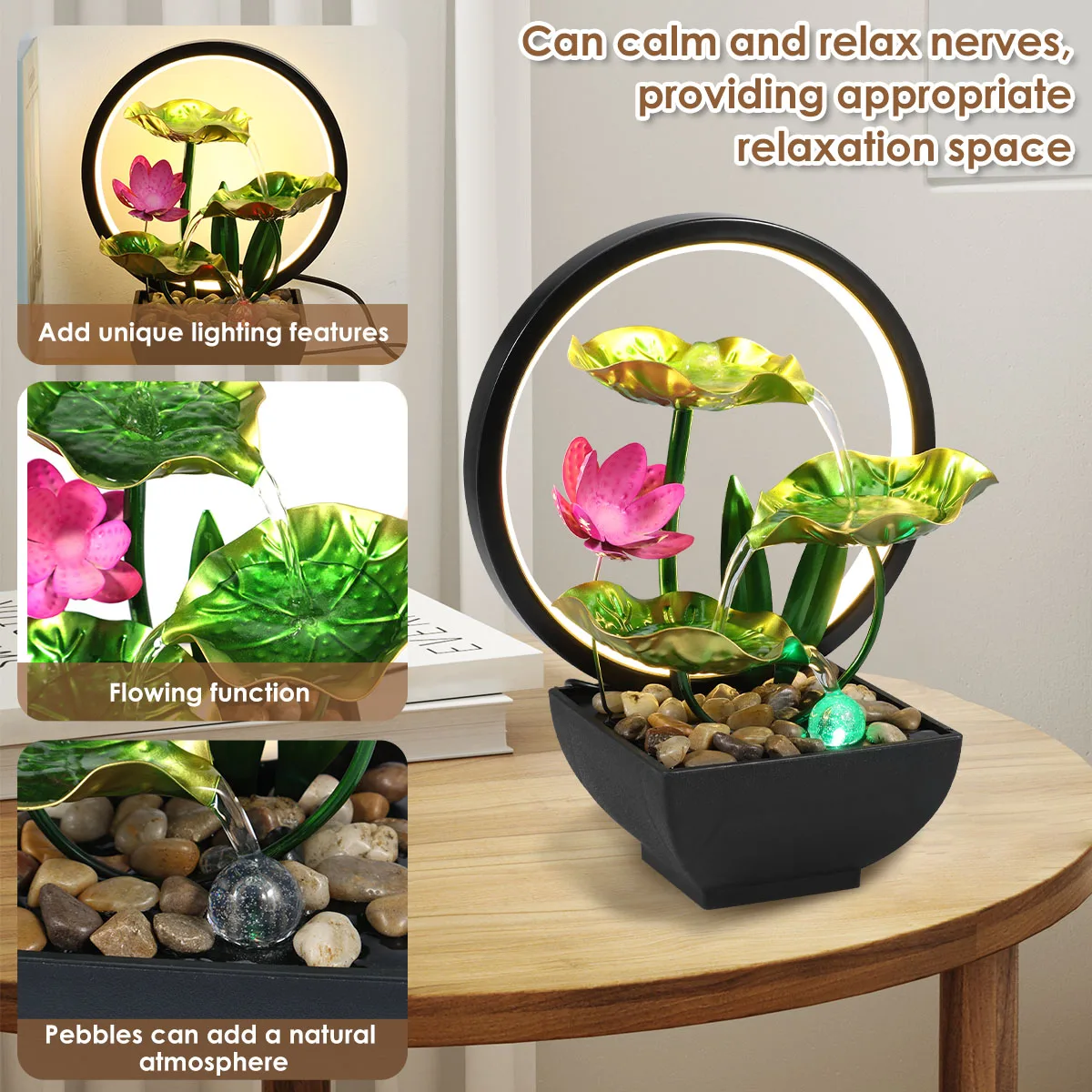 Tabletop Fountain 3-Tiers Lotus Leaf Small Waterfall Fountains Indoor Water Fountain with Rocks and LED Ring Lights Desktop