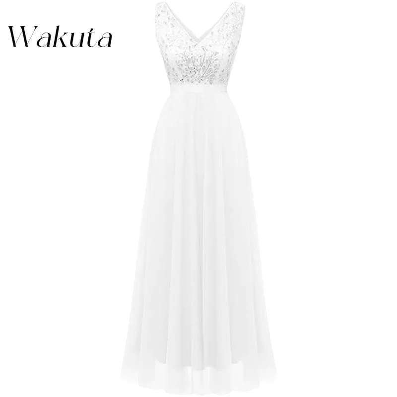 Wakuta Fashion Abendkleid mit V-Ausschnitt, ärmellos, Applikation, klassische Taille, plissiert, Chiffon, A-Linie, Bankett-Robe, Dubai, Luxe 2017- 2017-