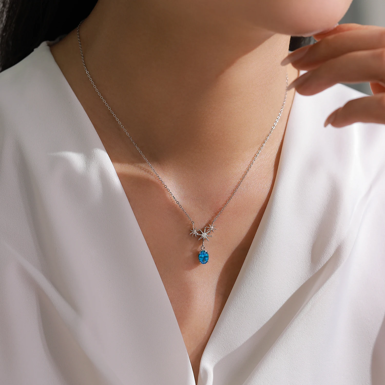 

Ailmay Trendy 925 Sterling Silver Blue Zircon Star Pendant Necklace For Women Elegant Accessories Daily Wear Party Jewelry