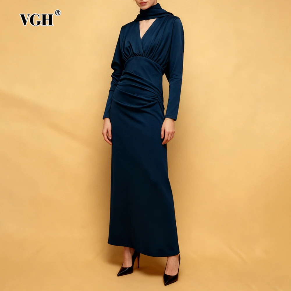 

VGH Solid Slimming Evening Maxi Dress for Women V Neck Long Sleeve Spliced Lace Up Elegant Vintage Dresses with Ribbon Female
