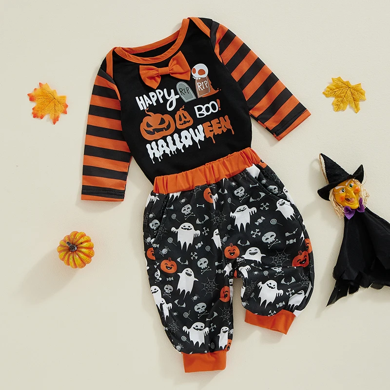 Костюм для мальчиков из 2 предметов на Хэллоуин с галстуком-бабочкой и надписью в виде тыквы с призраком с длинным рукавом комбинезон длинные брюки контрастная фотография