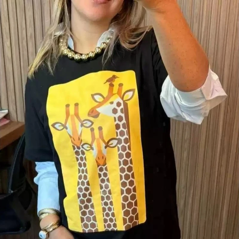 Chic Cute Abstract Giraffe Bird Graphic Cotton Tee Women T Shirt Sweet Fun Animal Graphic Casual Loose Fashion Top Russian Style