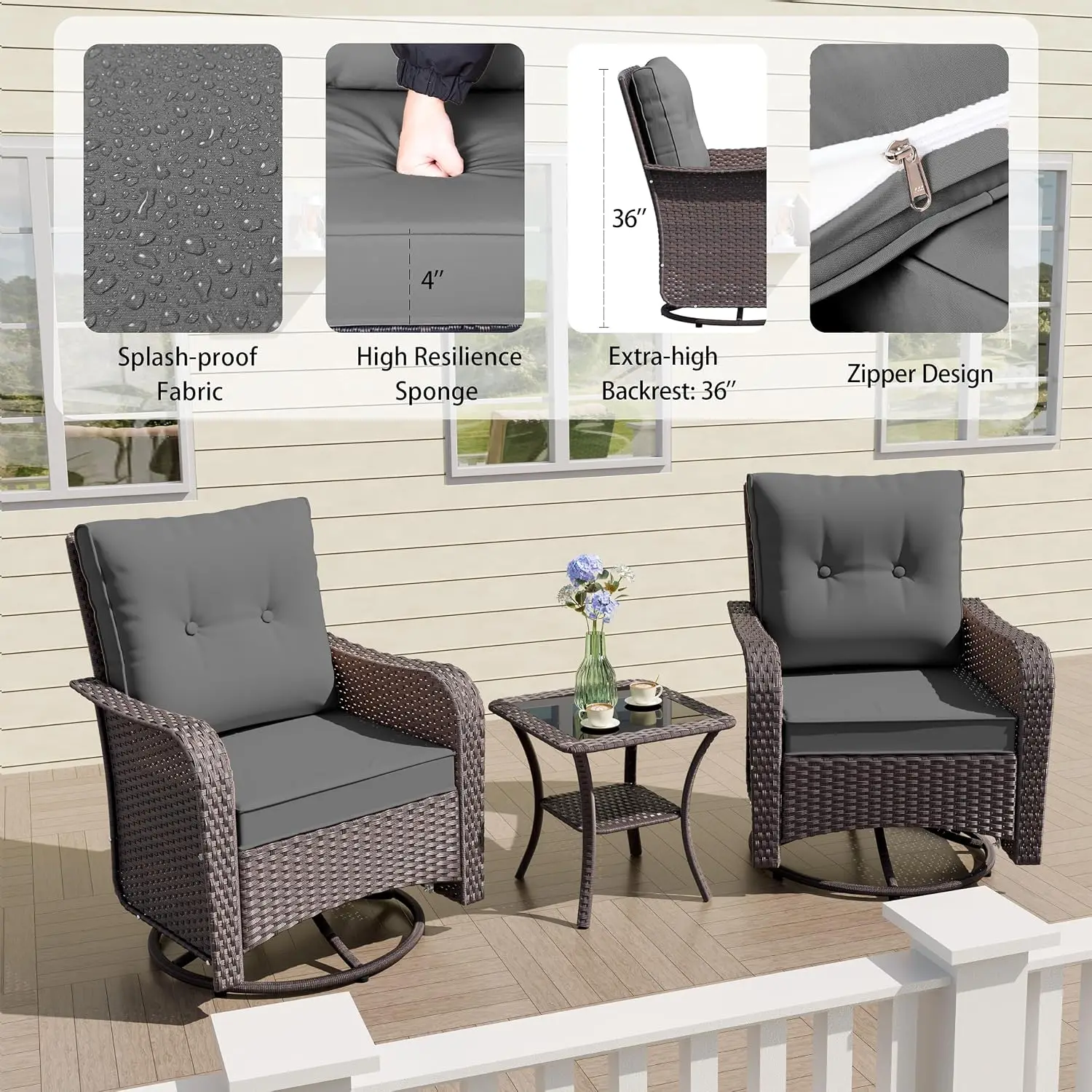 7-Piece Swivel Rocking Chair Set with 40,000 BTU Fire Pit Table, Wicker Patio Furniture for Poolside & Garden, Grey, Customized