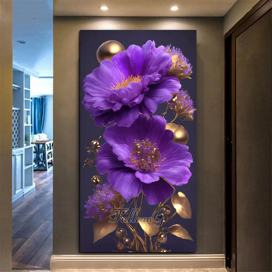 Diy Large Size Diamond Painting Mysterious Dreamy Purple Flowers 5D Mosaic Embroidery Floral Cross Stitch Kits Wall Decor AA4647