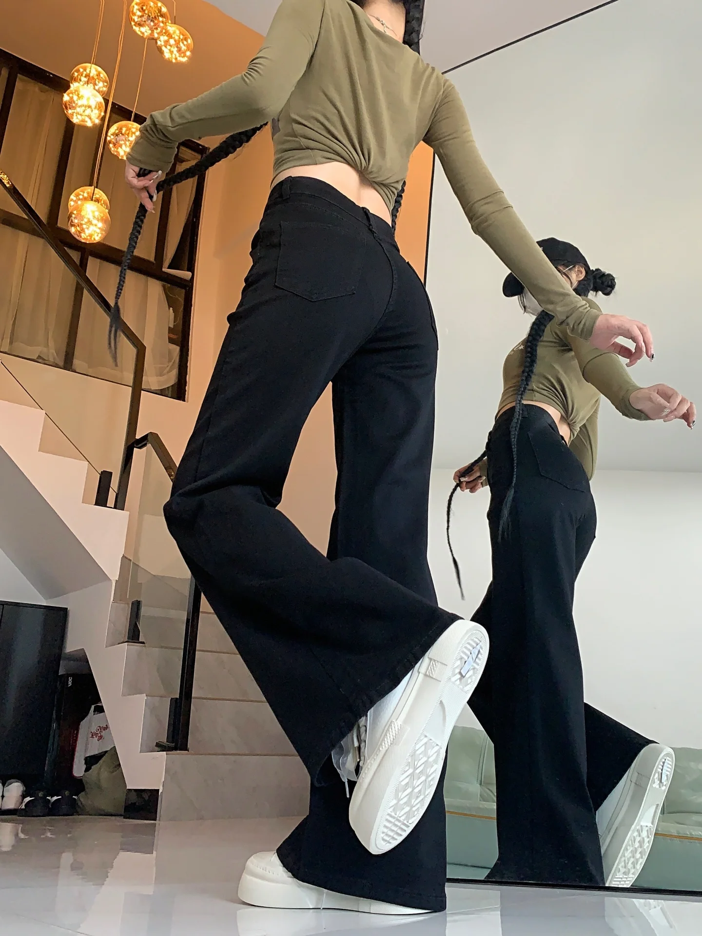 Fce Lined Thiened High Waist Bell Bot Jeans Women's Autumn Winter New plus Size Loose Slimming Long Pants