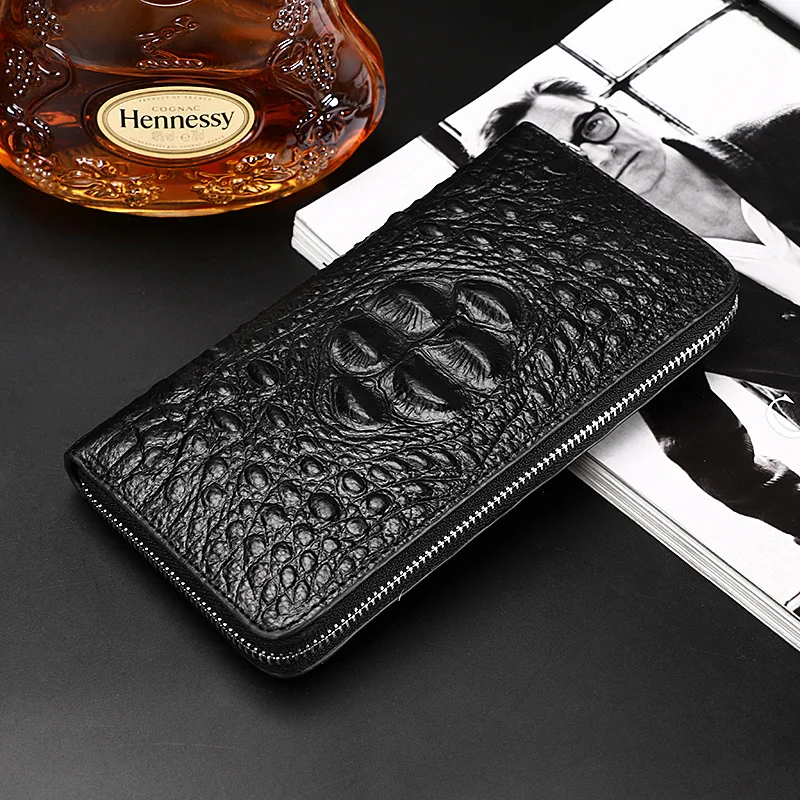 Business Men's Wallet Genuine Leather Clutch Purse Men Zipper Fashion Long Crocodile Pattern Cowhide Hand Bag Man Card Holder