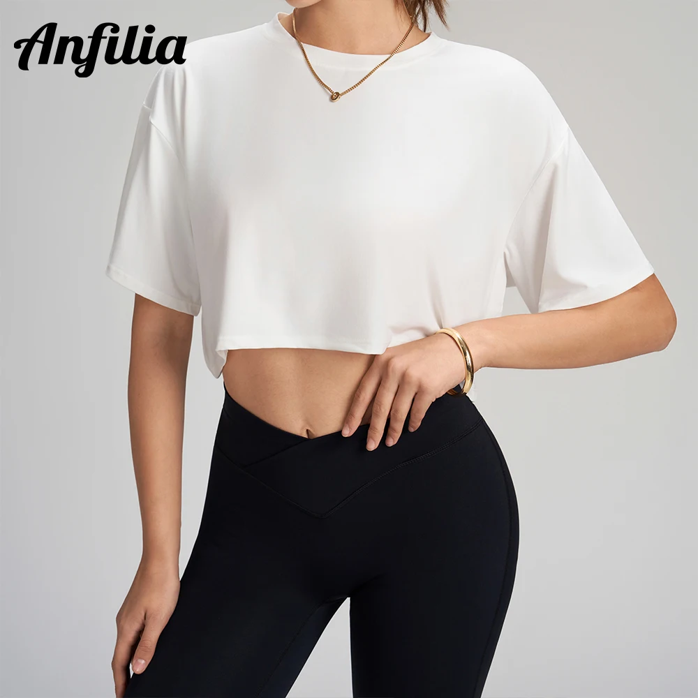 Anfilia Women Fashion Yoga Shirts Loose Fitting Crew Neck Breathable Gym Fitness Running Crop Tops