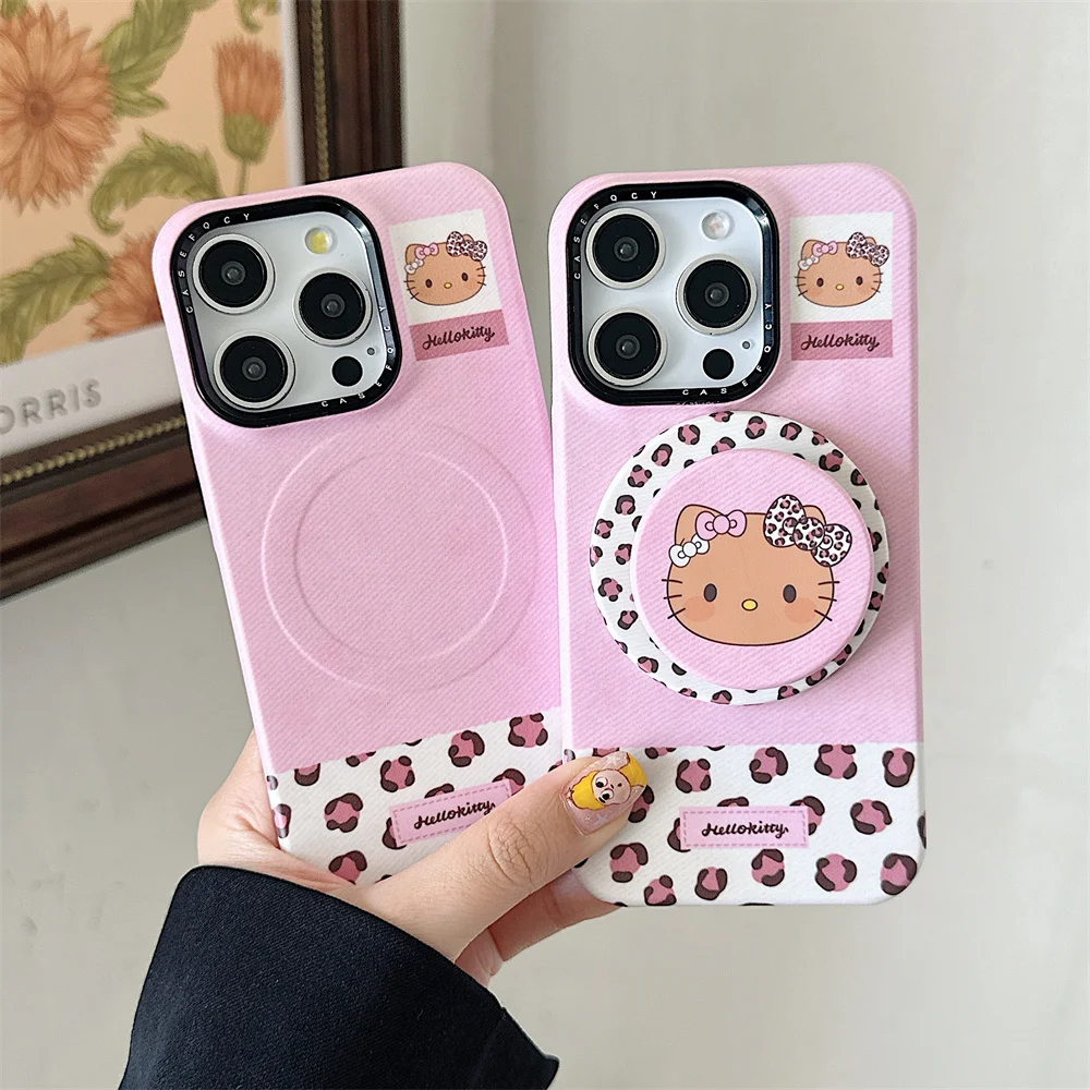 

Pink Leopard Print New Hellokitty Magnetic Holder Phone Case for iPhone 17 16 15 14 13 12 Pro Max For Magsafe Stand Cover For 15