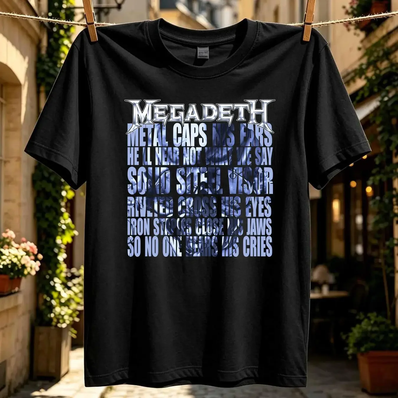 washed T Shirt Megadeath Mens Word Lyric Collage Face long or short sleeves vintage Washed Casual Top For Everyday Wear Stylish