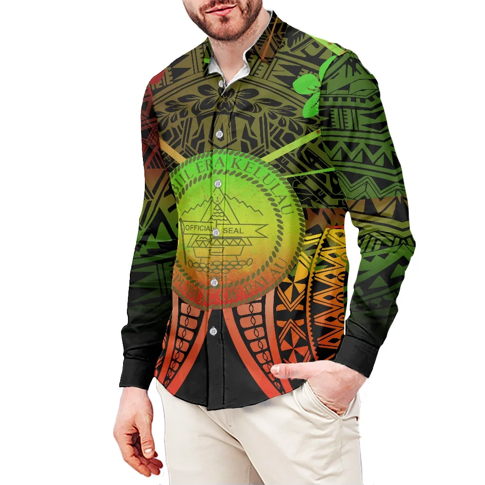 Polynesian Style Hibiscus Printing Palau Shirt Polyester Plus Size Men's Shirt 2022 Spring Long Sleeves Lapel Clothing