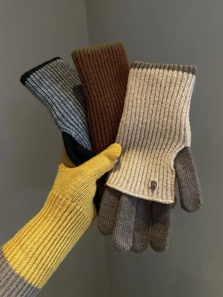 2026 Winter Milard Style Gloves for Women Dual Purpose Color Matching Knitted Wool Gloves for Women Open-toe Warm Cycling Gloves