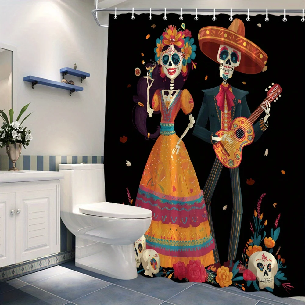 

Занавеска для душа «Мексиканский день мертвых» — большой декор для ванной комнаты со скелетами Мариичи, цветочными черепами