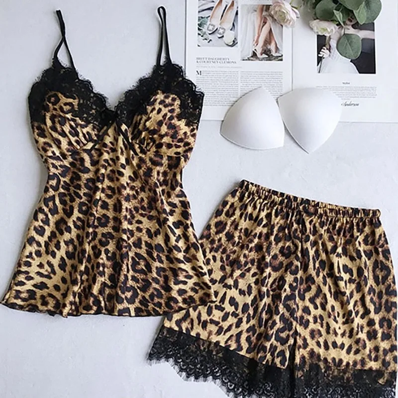 Pijama de encaje con estampado de leopardo para mujer, conjunto de 3 tipos, bata Sexy, chaleco, pantalones cortos, suave, sin mangas, cuello en V