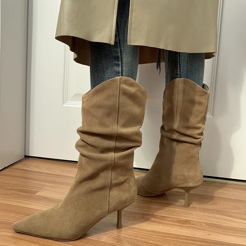 Slip On High Heel 6.5 CM Women Simple Shoes Korea Style botas Cow Suede Ankle Boots Pointed Toe Winter Shoes Woman Modern Boots