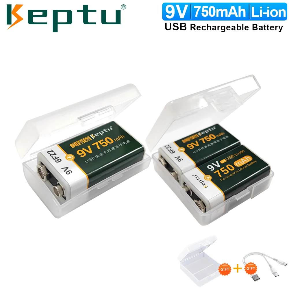 KEPTU 9V 750mAh Li-Ion Type-C USB แบตเตอรี่ 6F22 แบตเตอรี่ลิเธียมสําหรับมัลติมิเตอร์เครื่องตรวจจับโลหะของเล่นรีโมทคอนโทรล