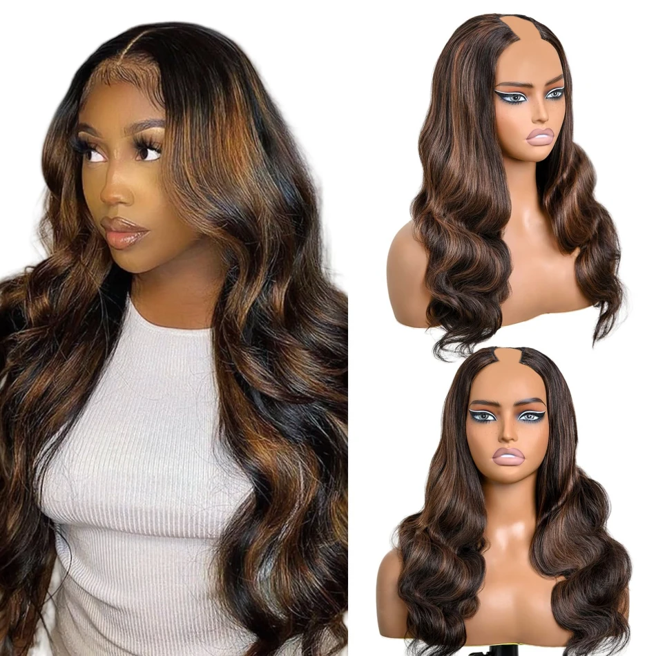 Highlight P1B30 V Part Wig Human Hair Body Wave Upgrade V Part With Adjustable Drawstring 250 Density V Shape Clip In Half Wig