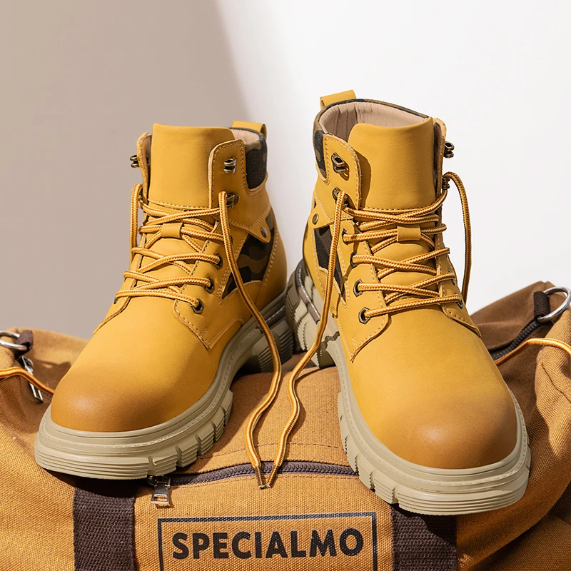 

New European American anti slip big yellow boots color blocking height increasing casual fashionable outdoor motorcycle boots