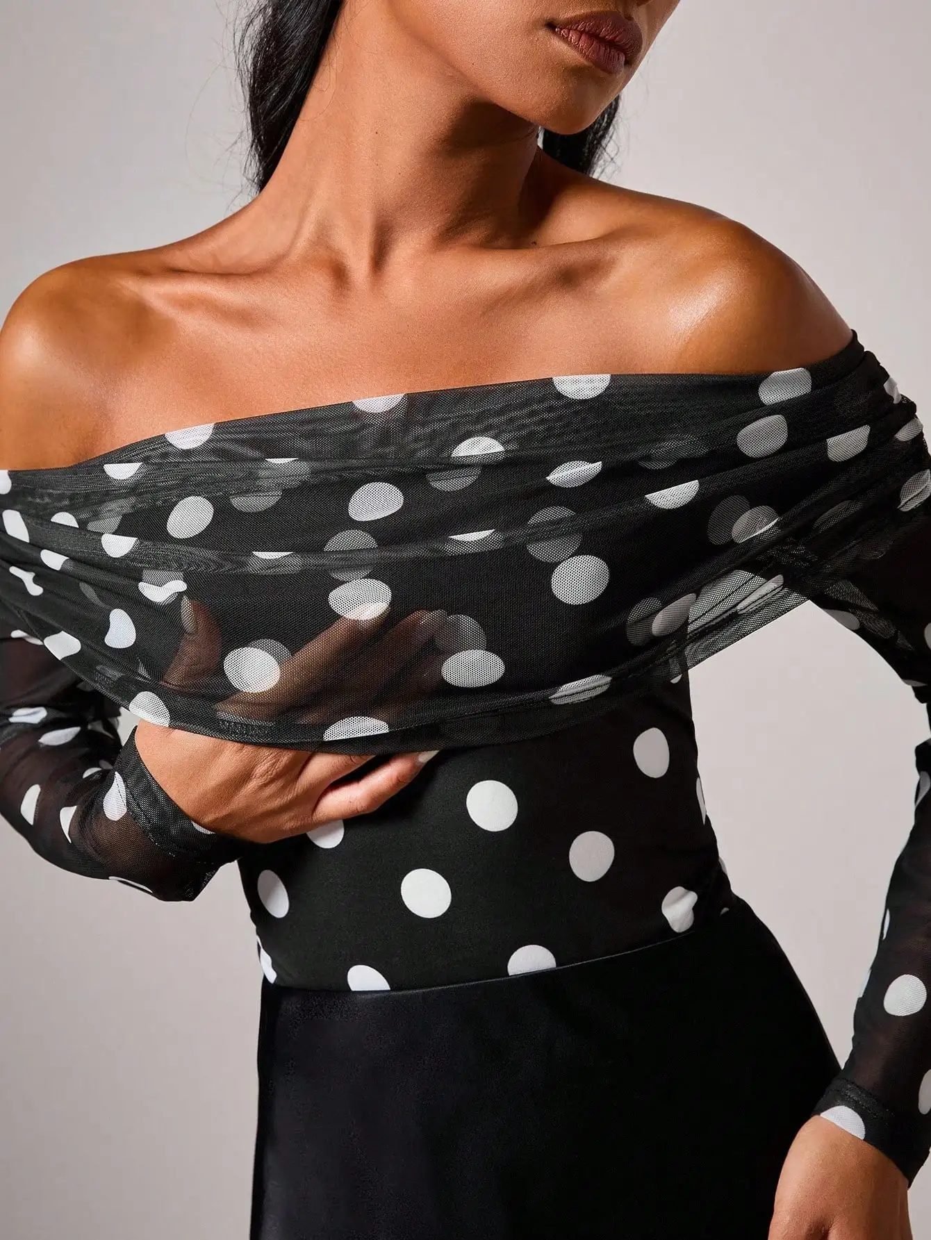 

Women's Off-Shoulder Polka Dot Bodysuit with Sheer Long Sleeves