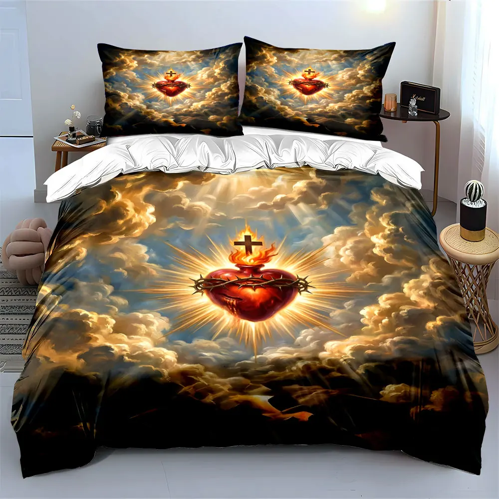 Flaming Sacred Heart with Radiant Cross Print Bedding Set 1 Duvet Cover 2 Pillowcases for Adult and Children Luxury Gift