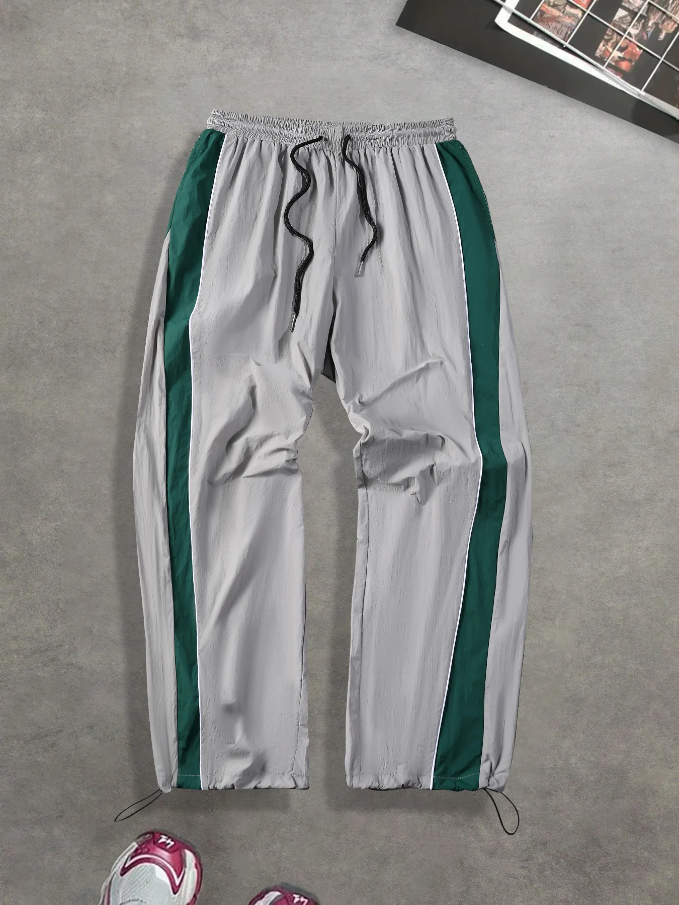 Men's Gray Green Colorblock Side Stripe Track Pants Spring Fall Quick Dry Drawstring Joggers