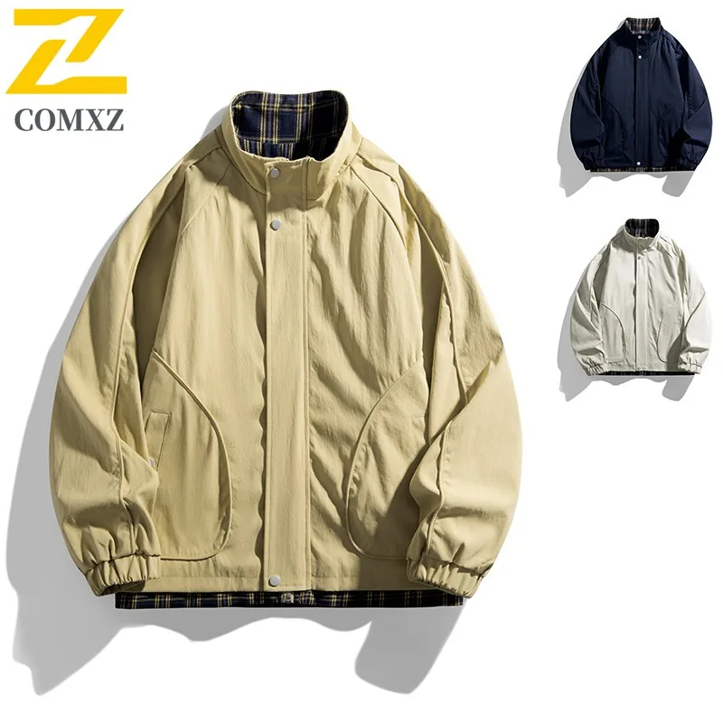 

COMXZ 2025 Men Floral Plaid Coat Color Block Jacket Trend Brand Casual Outerwear Lightweight Comfort Fit outdoor sports Trench