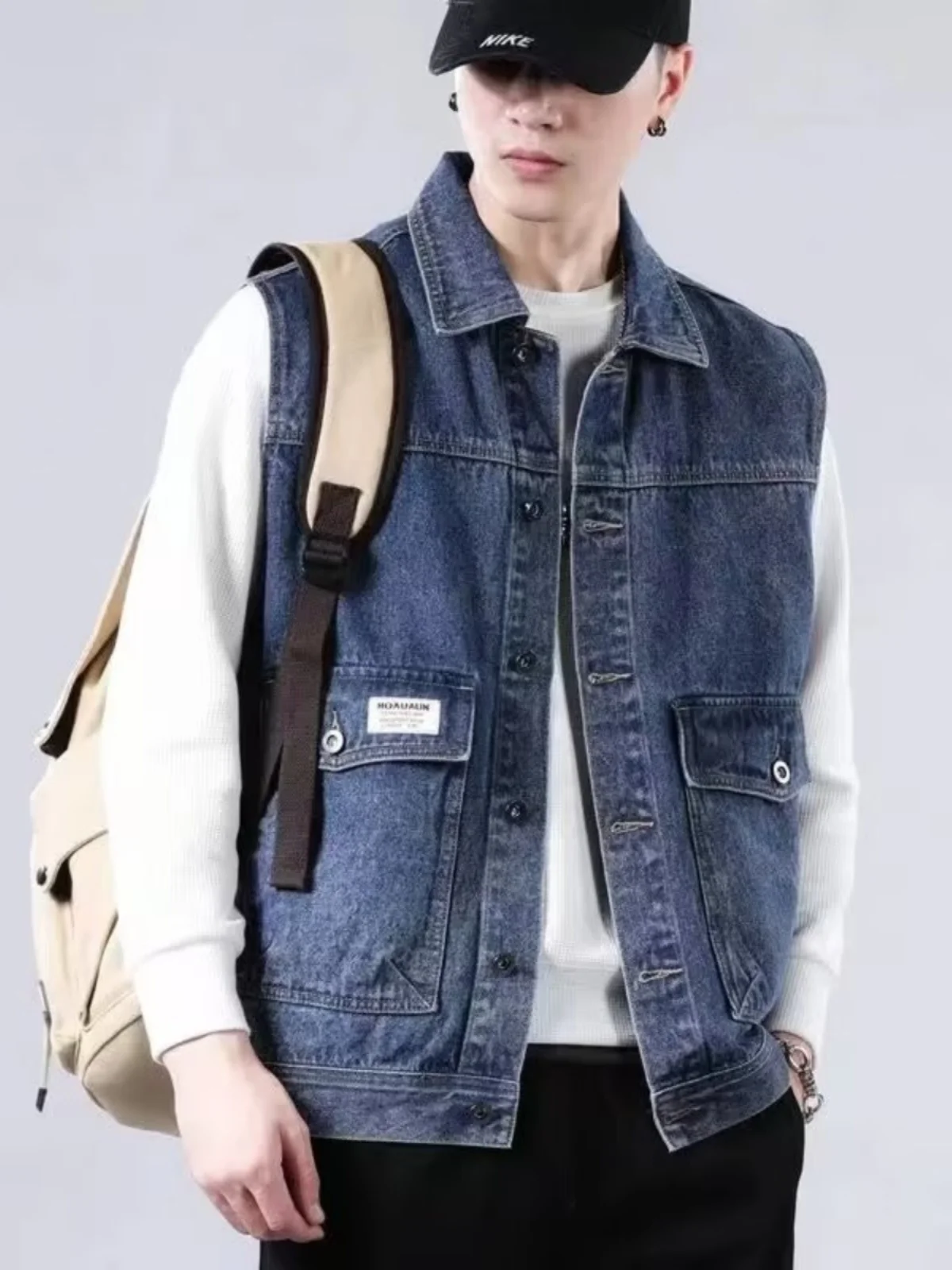 

Свободная повседневная мужская джинсовая куртка в американском стиле, модный брендовый жилет без рукавов для работы, стандартный крой, молодежная мода, весна-осень