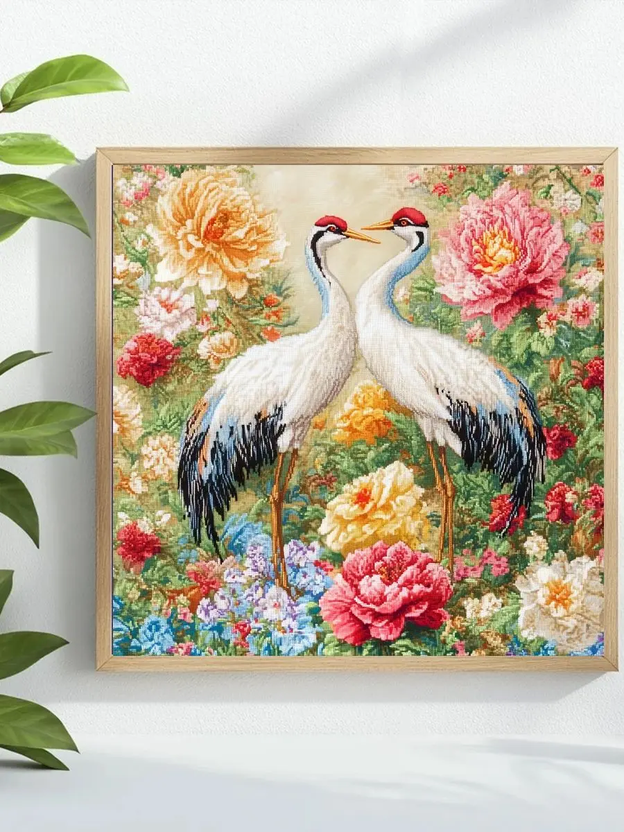 1 Stück 40X40CM/15,74 Zoll Ein Paar weiße Kraniche Kreuzstich-Set DIY-Set 11CT/14CT Hängendes Gemälde als Geschenk Neu eingetroffen – Detail 1