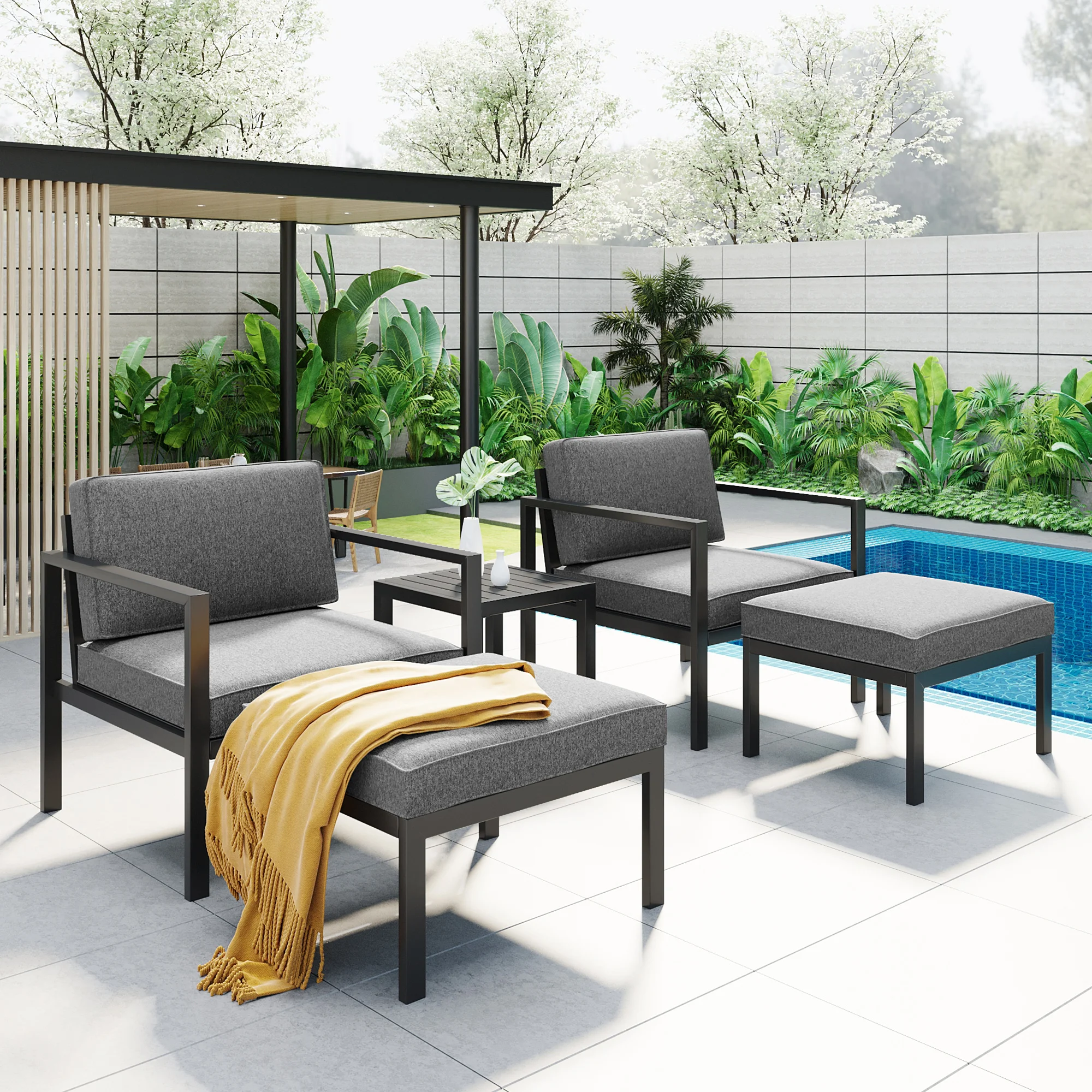 

Outdoor Patio 5-piece Aluminum Alloy Conversation Set Sofa Set with Coffee Table and Stools for Poolside, Garden,Black Frame