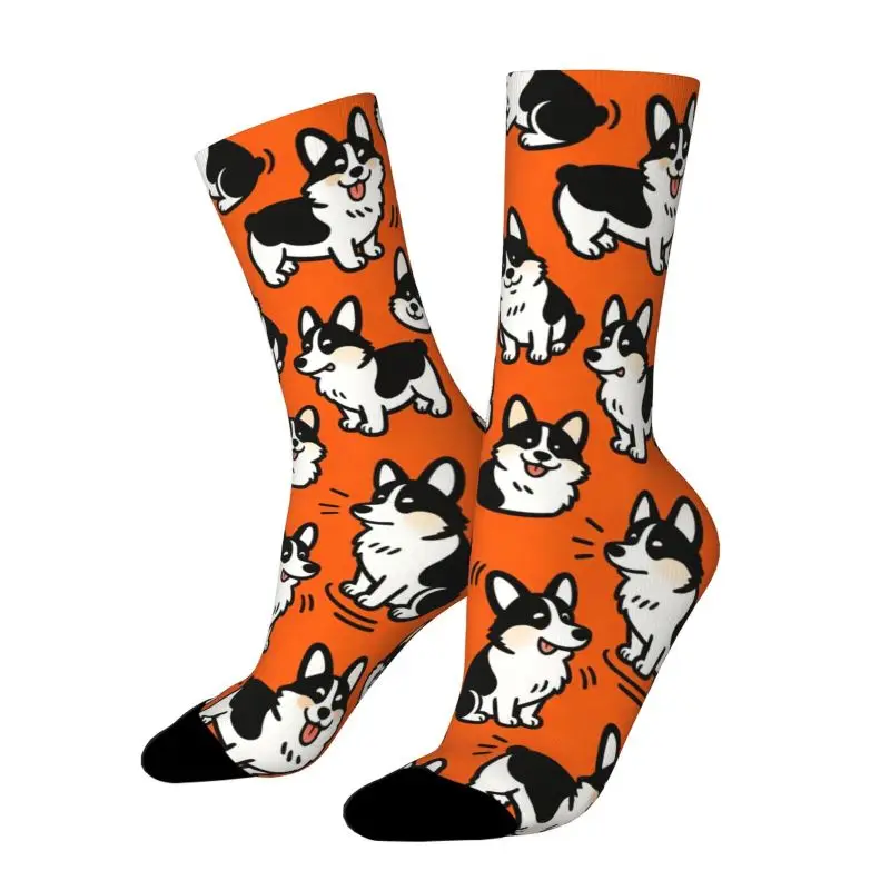 A Pair of Unisex Spring/summer Outdoor Socks Featuring a Lively and Adorable Black-and-white Corgi Dog Pattern on an Orange Base