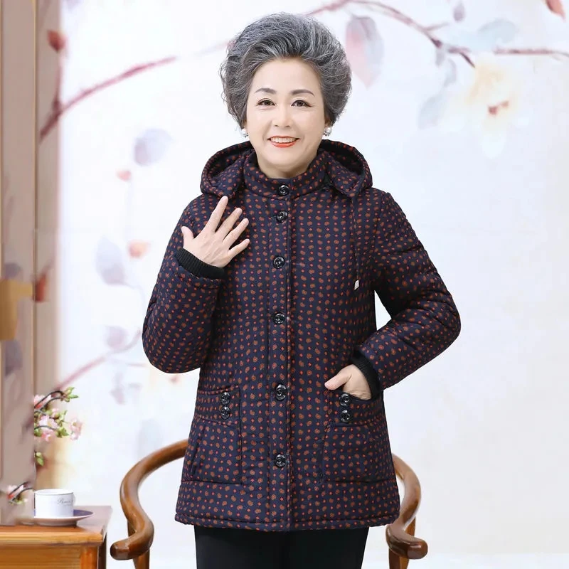 Mutter mittleren Alters Winter Baumwolle gepolsterter Mantel Mode Kapuzen muster Blumen Winter jacke Oma warme Parkas Oberbekleidung XL-5XL