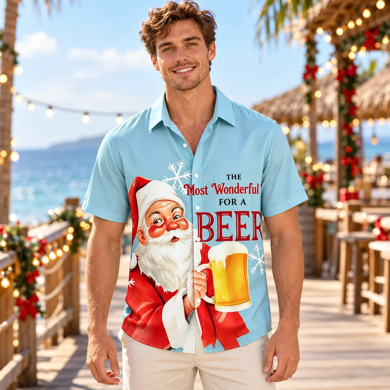 2027 Santa Beer Christmas Hawaiian Shirt Mens Funny Holiday Short Sleeve Button Up Shirts with Beach Surf and Barbecue Prints