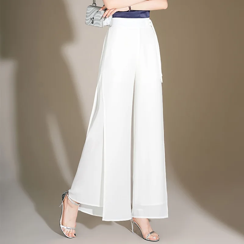 

Элегантные шифоновые брюки-палаццо с разрезами 2026 года, женские летние прямые брюки с двойным слоем, на резинке, повседневные, удобные