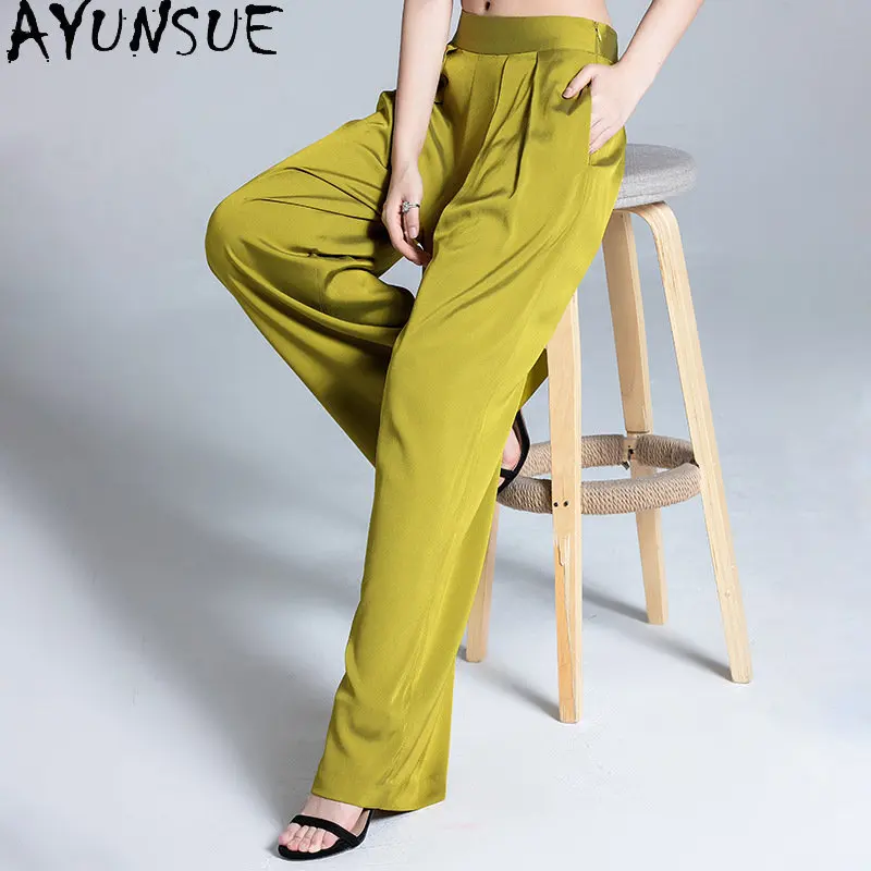 

AYUNSUE95% Mulberry Silk Pants Women Clothes Korean Fashion Summer Real Silk Trousers Women Smooth Wide Leg Pants Roupa Feminina