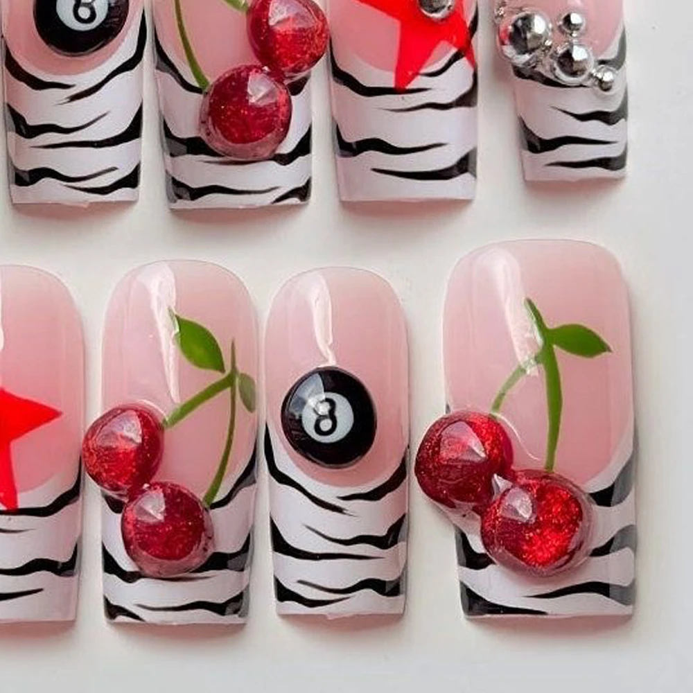 XL vierkante Franse 3D Cherry druk op nagels Art Party sticker handwerk zebraprint ster biljart ontwerp naakt roze witte nep nagel