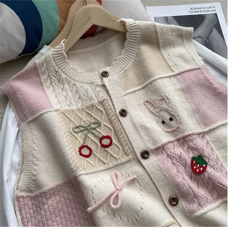 Autumn Waistcoat Kawaii Clothes Elegant Sweet Round Neck Sleeveless Cardigan Vest Knitwear Vests Coats