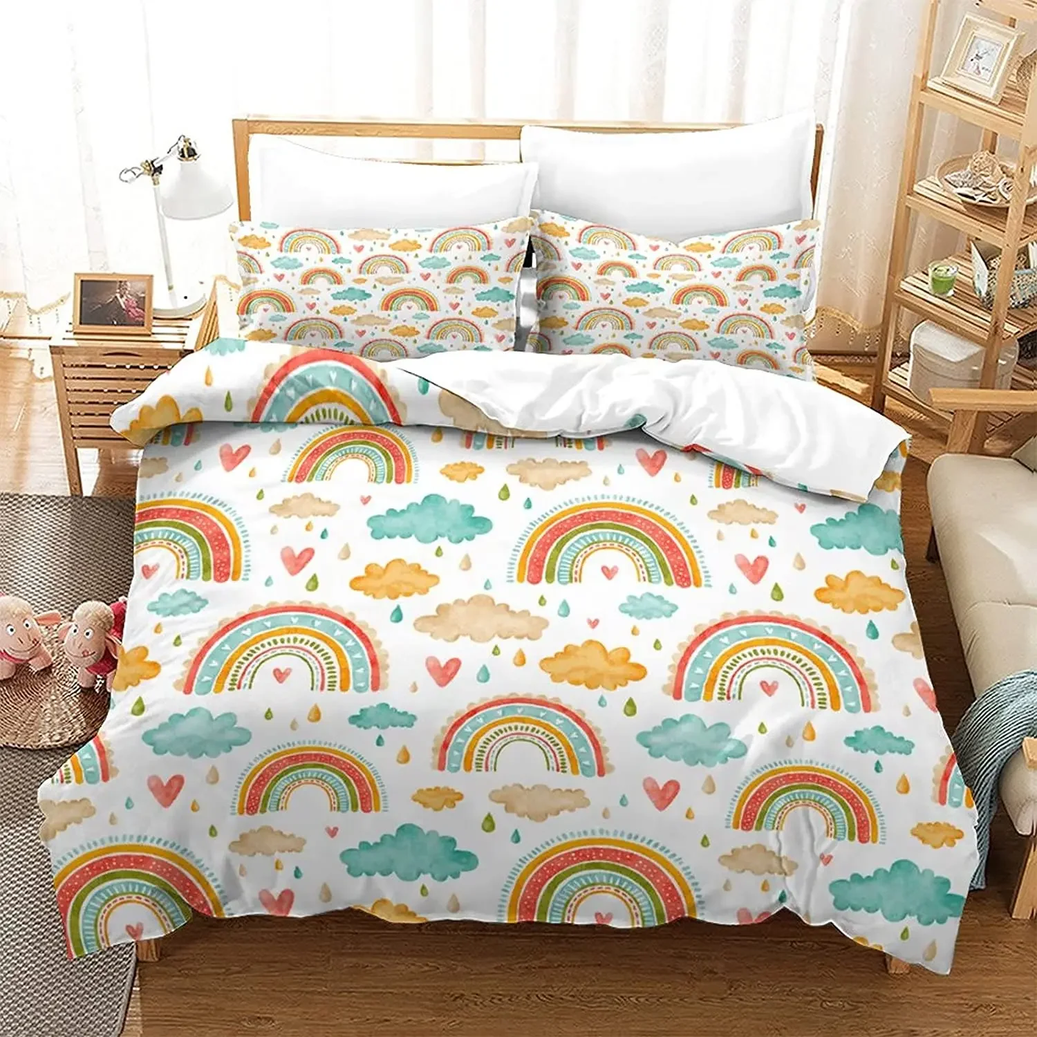 

Rainbow Duvet Cover Set for Girl Rainbow Star Bedding Set Twin Cartoon Rainbow for Bedroom Decoration Women Kid Christmas Gift