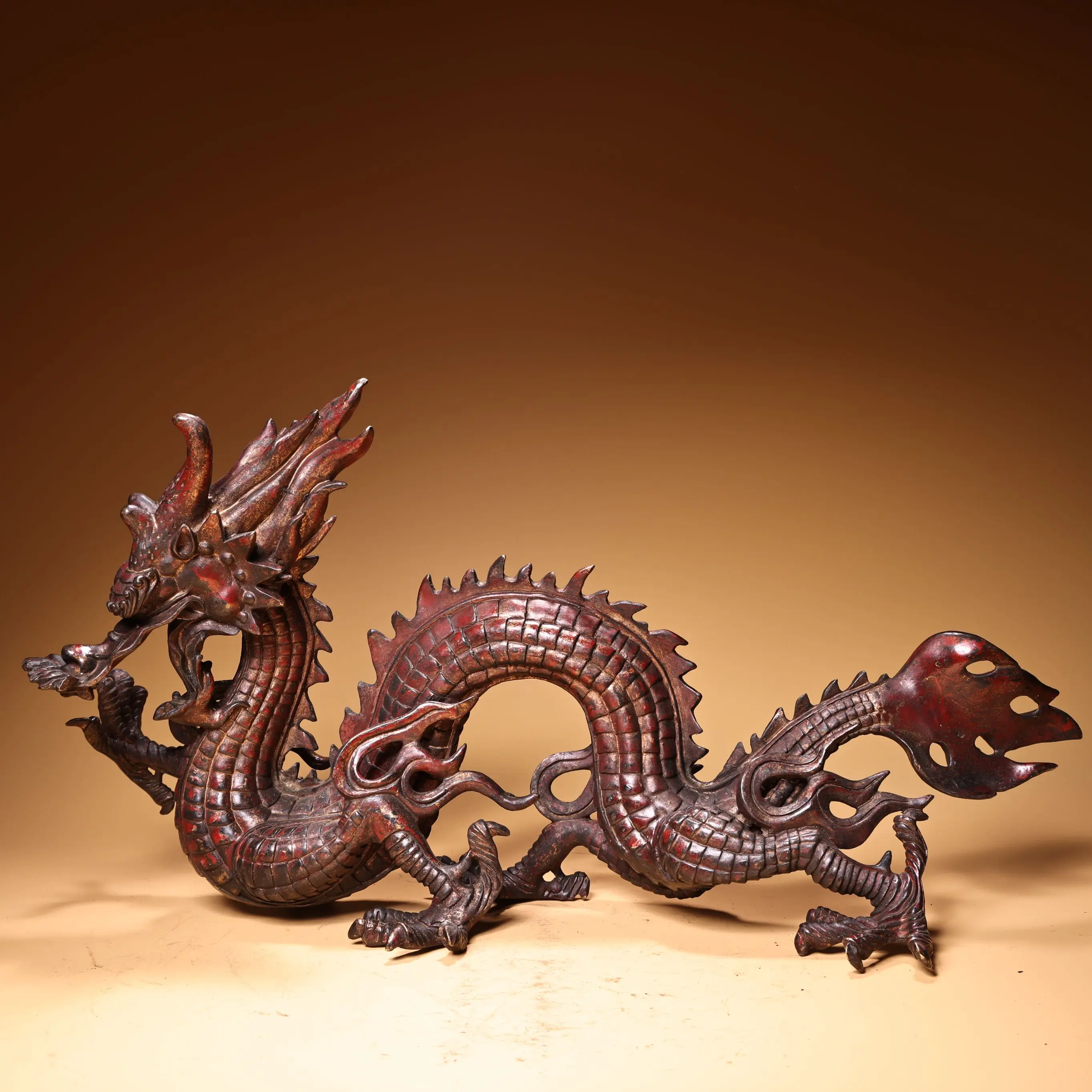 

20"Tibetan Temple Collection Old Bronze Gilded Cinnabar High Relief Chinese Loong Dragon Statue Mythical Animals Town house